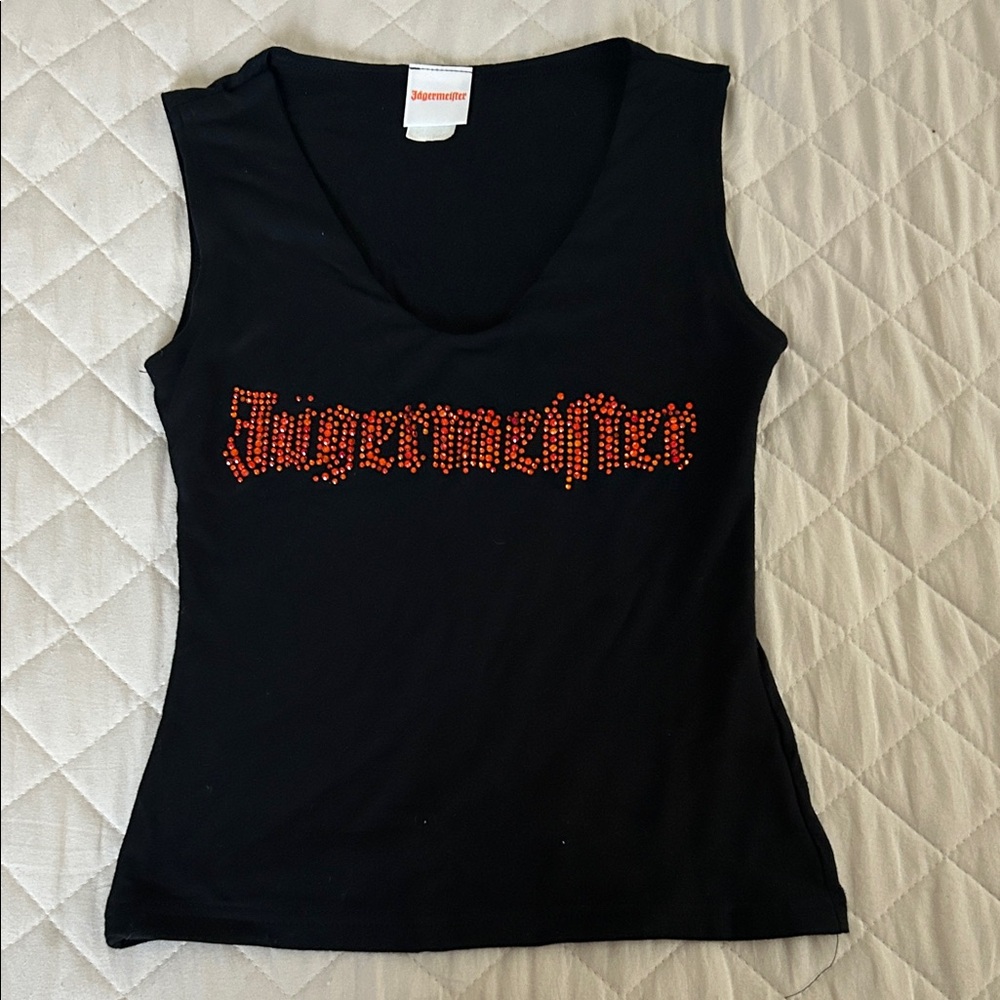 Jägermeister, sz. small, sleeveless fitted black tee w/ rhinestone letters GUC